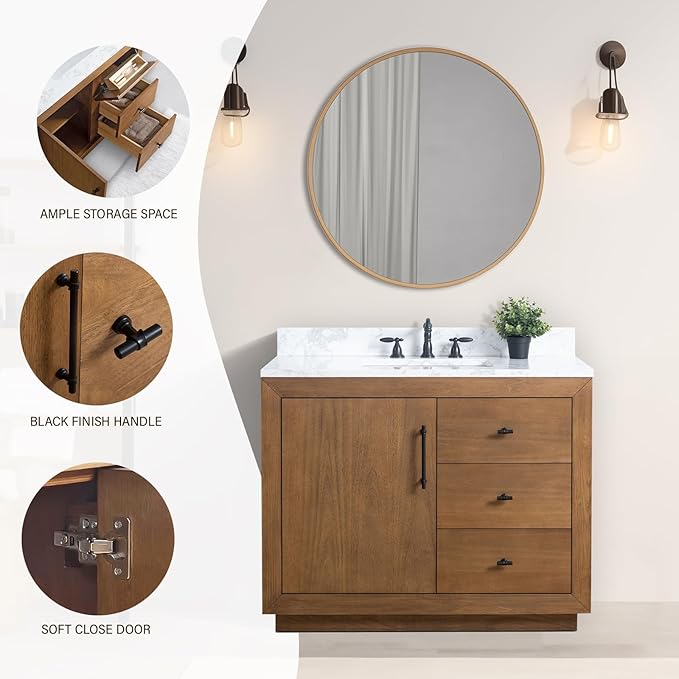 HOMEBEYOND 42" Bathroom Vanity with Single Sink & Ceramic Top, MDF Material Vanity Cabinet with Basin Combo, Soft-Closing Doors, Removable Shelf, Backsplash,Tan