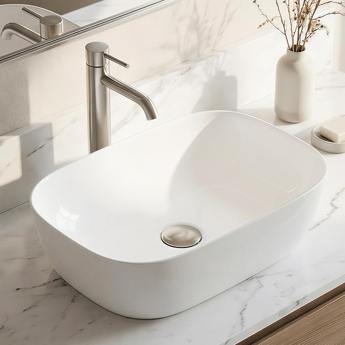 KES 18" x 13" Rectangle Vessel Sink for Bathroom Vanity Countertop, Glossy White Ceramic Porcelain Bathroom Sink Bowl Above Counter, Modern Look, BVS140
