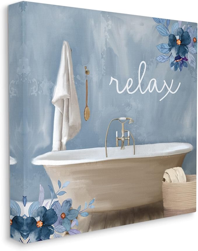 Blue Floral Bathroom Relaxation, 36 x 36 Inch Canvas Wall Art | Stupell Industries · By Kim Allen · Ready to hang · Calm bath and laundry decor · Made in USA