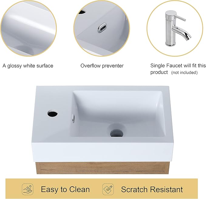 Malwee 18" Floating Bathroom Vanity with Sink, 18 Inch Single Sink Wall Mounted Bathroom Vanity, with 1 Door and White Resin Basin Top for Small Spaces(005-18)