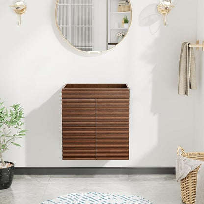 ROOMTEC 24" Bathroom Vanity, Mid-Century Wall Mounted Floating Cabinet with 2 Closing Doors, Wood Grain Texture, Walnut (Sink Basin Not Included)
