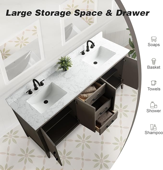 HomeBeyond 72 Inch Bathroom Vanity with Sink & Ceramic Top, Double Vanity Cabinet with Basin, Soft-Closing Doors & Matte Black Hardware, Driftwood Gray