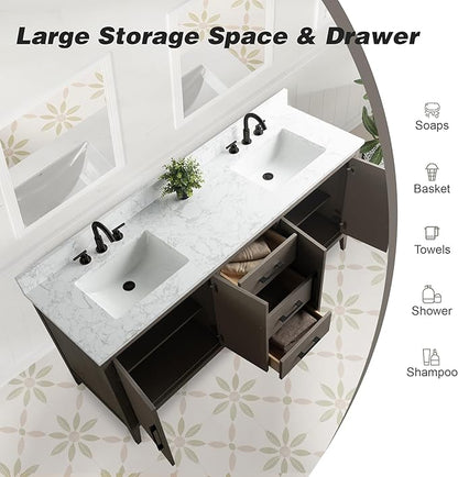 HomeBeyond 72 Inch Bathroom Vanity with Sink & Ceramic Top, Double Vanity Cabinet with Basin, Soft-Closing Doors & Matte Black Hardware, Driftwood Gray
