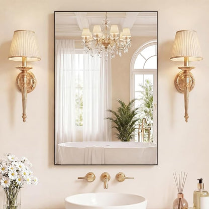 Sweetcrispy Bathroom Wall Mirror, Vanity Mirror for Over Sink, 24x36 Inch | Rectangle Home Decor Mirrors, Metal Frame Tempered Glass, Anti-Rust Hang, Black