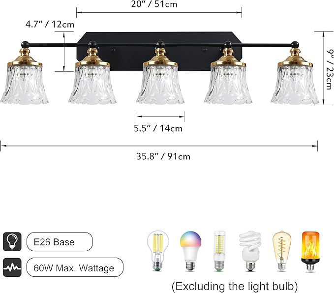 Vintage Bathroom Vanity Light Fixtures, Black and Gold 5-Light Vanity Light, Antique Bathroom Lighting Fixtures Over Mirror with Crystal Glass Shade, Vanity Lights for Bedroom Living Room Hallway