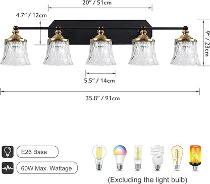 Vintage Bathroom Vanity Light Fixtures, Black and Gold 5-Light Vanity Light, Antique Bathroom Lighting Fixtures Over Mirror with Crystal Glass Shade, Vanity Lights for Bedroom Living Room Hallway