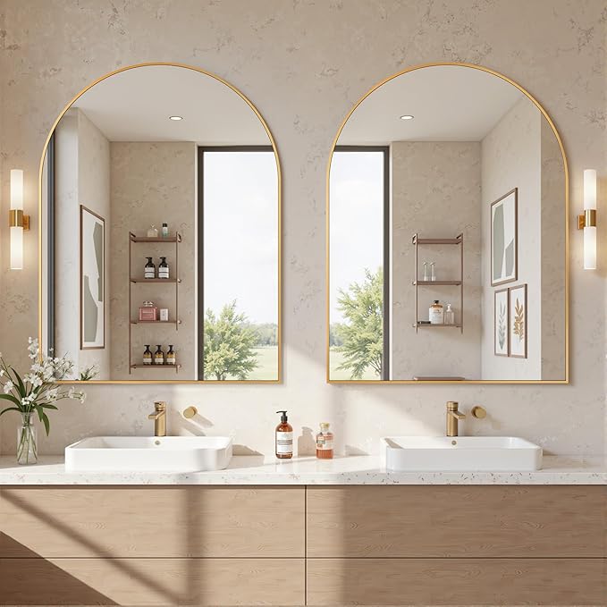 Antok Arched Bathroom Mirror, 30"x40" Wall Mounted Mirror, Vanity Mirrors for Over Sink, Aluminum Alloy Frame Bathroom Mirrors Living Room, Bedroom and Entryway, Gold
