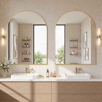 Antok Arched Bathroom Mirror, 30"x40" Wall Mounted Mirror, Vanity Mirrors for Over Sink, Aluminum Alloy Frame Bathroom Mirrors Living Room, Bedroom and Entryway, Gold