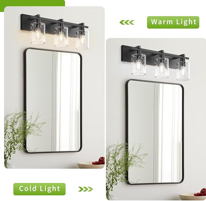 3-Light 21inch Black Vanity Light, Thickened Seeded Glass Shade | Over Mirror for Bathroom, Rust Resistant, E26 Base, Easy Install, Removable Glass Shade Horizontal Mount, Dimmable