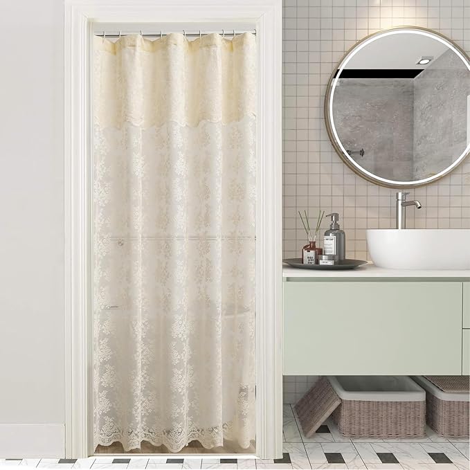 Ivory Lace Stall Shower Curtain 36x72, Stand-Up Style with Attached Valance | Standing Shower Curtain with Floral Lace and Scalloped trim, Filters Soft Light for Vintage Shabby Chic Small Bathrooms