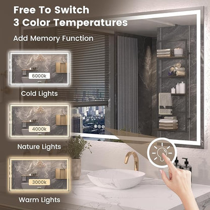 Snowdool 72 x 36 in LED Bathroom Mirror, Front and Backlit, Anti-Fog | Front and Backlit, 3 Color Temperatures, Anti-Fog, Tempered Glass
