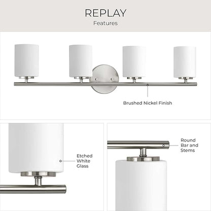 Progress Lighting 4-Light Etched White Glass Modern Bath Vanity Light, Replay Collection, Brushed Nickel (P2160-09)