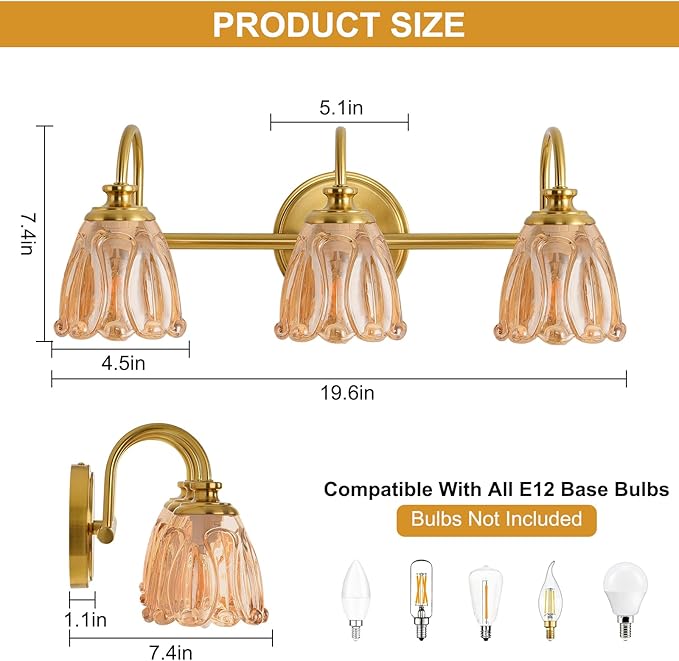 Bathroom Light Fixtures (3-Light), Vintage Brushed Gold Vanity Lights for Bathroom with Amber Tulip Crystal Glass Shade, Vanity Wall Light Over Mirror for Bedroom Living Room Hallway