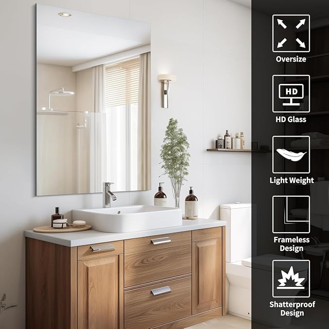 CILIBER Frameless Mirror, 30x48 Inch Rectangle Vanity Mirror for Wall, Large Bathroom Mirror Over Sink with Polished Edge, 3mm Tempered Glass, Horizontal or Vertical Hanging