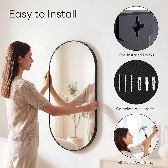 Sweetcrispy Oval Bathroom Wall Mirror, Vanity Mirror, 24x36 Inch | Metal Frame Tempered Glass, Over Sink Living Room, Bedroom Entryway Hang, Horizontal or Vertical, Black