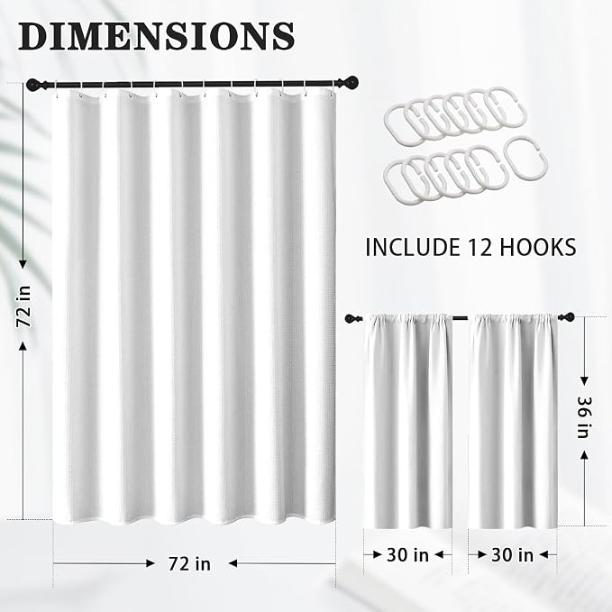 Shower Curtain Set, for Bathroom Decor 72" x 72", Modern White | White Waffle Textured Solid Waffle Textured Cloth Waterproof Matching Window Shower Curtain 36 x 30 Inches