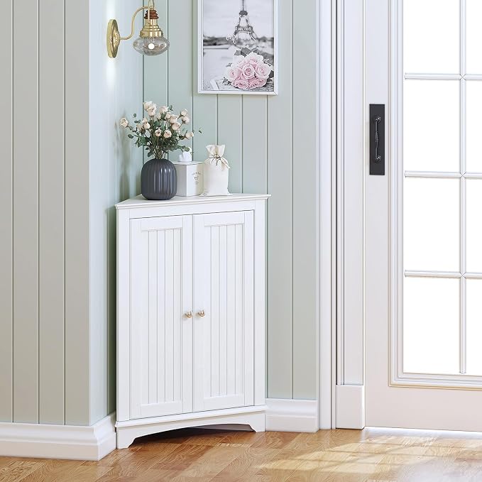 Spirich Corner Bathroom Cabinet with Doors and Adjustable Shelf, White | 2 Beadboard Doors, Adjustable Shelf, Space-Saving Triangular Design for Bathrooms, Kitchens, Living Rooms, and Entryways