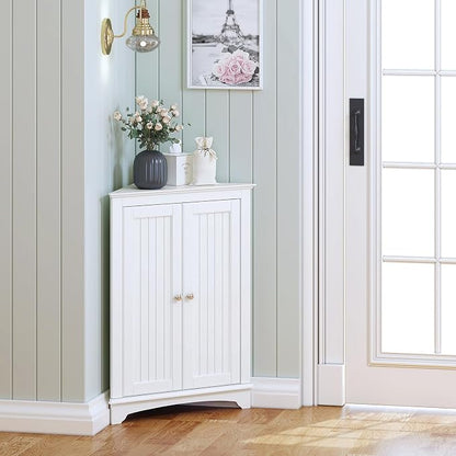 Spirich Corner Bathroom Cabinet with Doors and Adjustable Shelf, White | 2 Beadboard Doors, Adjustable Shelf, Space-Saving Triangular Design for Bathrooms, Kitchens, Living Rooms, and Entryways