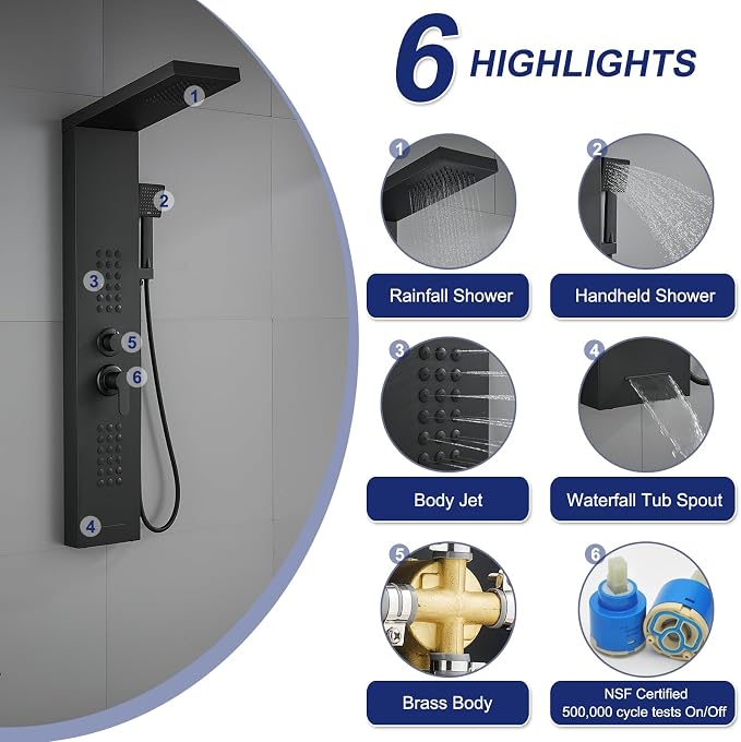 ROVATE Shower Panel Tower System with Rainfall Shower Head, Matte Black | Shower Tower with Powerful Body Jets, Handheld Shower and Tub Spout, Stainless Steel Shower Column Black High Pressure