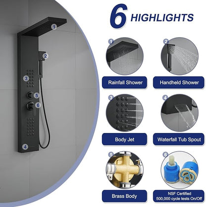 ROVATE Shower Panel Tower System with Rainfall Shower Head, Matte Black | Shower Tower with Powerful Body Jets, Handheld Shower and Tub Spout, Stainless Steel Shower Column Black High Pressure