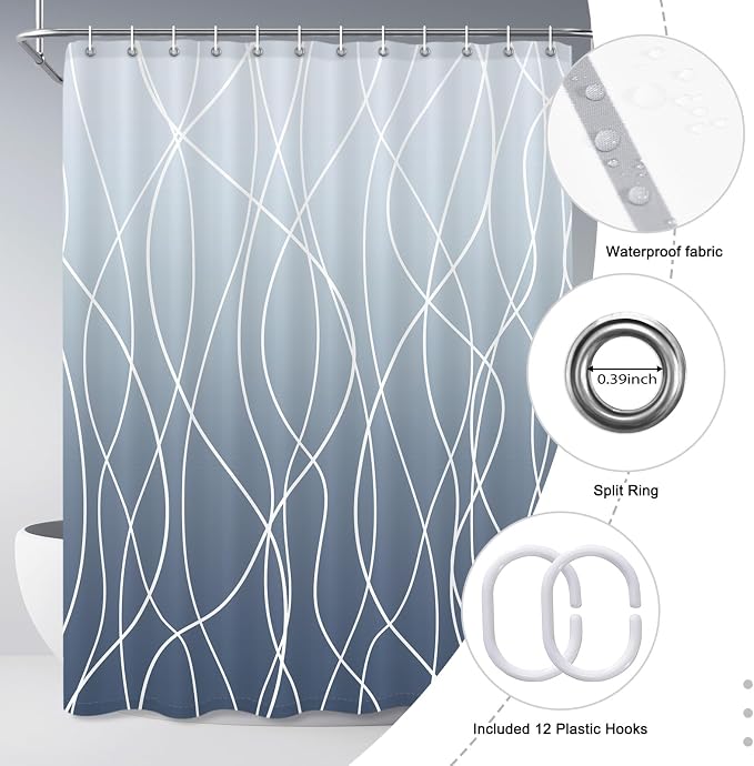 Striped Shower Curtain for Bathroom, Ombre Blue, 72" W x 84" L | with Hooks, Modern Hotel Style, Water Repellent, Washable, Weighted Hem
