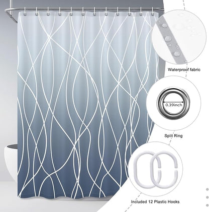 Striped Shower Curtain for Bathroom, Ombre Blue, 72" W x 84" L | with Hooks, Modern Hotel Style, Water Repellent, Washable, Weighted Hem