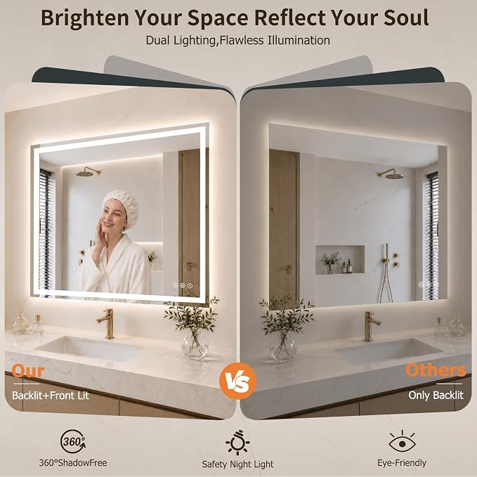 28"x28" LED Bathroom Mirror with Lights, Anti-Fog, Backlit+Frontlit | CRI 95, Stepless Dimmable, 3 Colors Lighting, Shatterproof Tempered Glass, HD Reflection, Memory, (Horizontal/Vertical)