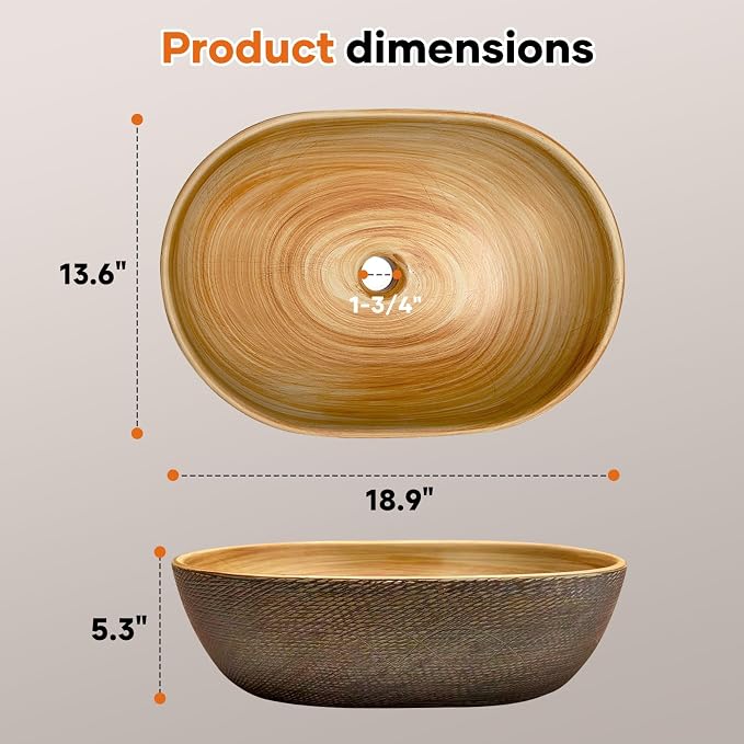 18.9" x 13.6'' Oval Vessel Sink, Retro Brown Ceramic Counter Sink | Hand-Colored Retro Brown Finish, Durable Ceramic, Oval Deep Basin, Above Counter Mount, Smooth Glaze For Easy Daily Cleaning