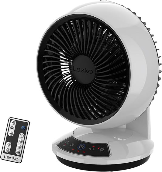 Lasko Whirlwind Orbital Motion Air Circulator Table Fan, 3 Speeds, Timer, Dark Mode, Remote Control for Small and Medium Sized Rooms, White, A12557
