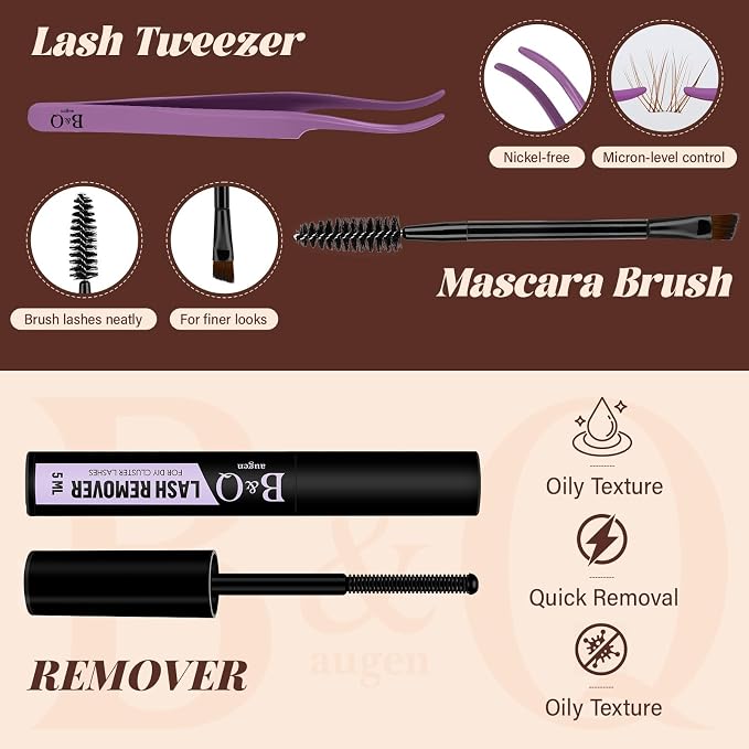 B&Q Brown Lash Clusters Kit Natural Mochalash Clusters 06, Wispy Eyelash Clusters Kit C-Curl Cluster Eyelash Extensions 8-16mm Brown Lash Eyelashes Kit for Fair/Dark Hair(Mochalash 06 Set)