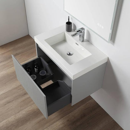Blossom Positano Wall Mounted Bathroom Vanity with Acrylic Sink & Side Cabinet | All Wood Floating Vanity Cabinet | Soft-Close Drawer | Modern Minimalist Style (Light Grey, 30" w/Sink & SC)