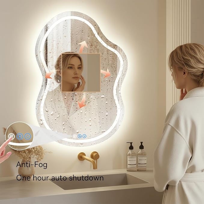 Irregular Wall Mirror 24 x 36 Inch, Lighted Mirrors for Bathroom Wall, Asymmetrical LED Mirror for Bathroom with Anit-Fog, Dimmable, Memory Function (Horizontal/Vertical)