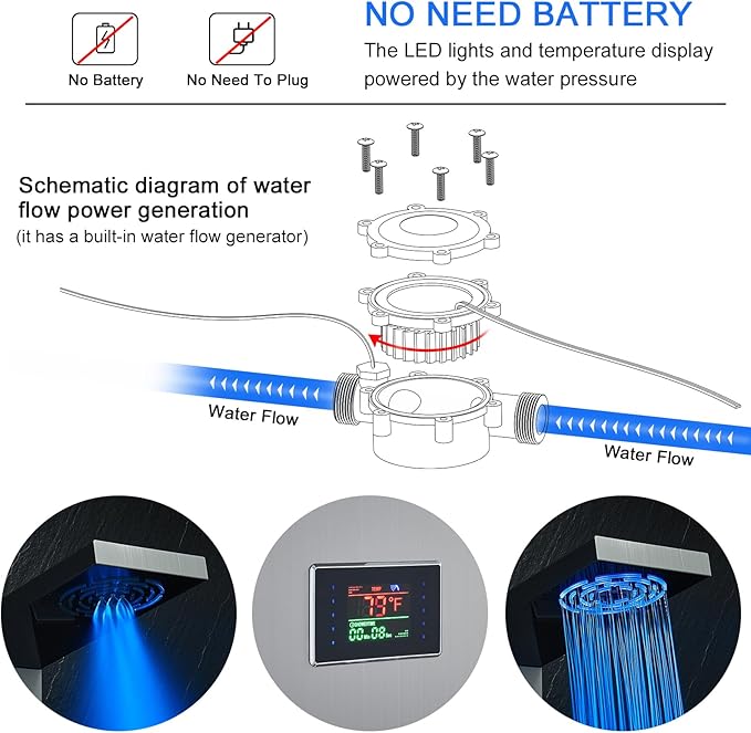 Stainless Steel Shower Panel Tower System with LED lights(No battery need), Hydroelectric LED Rainfall Shower Tower System with 6 Pcs Body Jets, Brushed Nickel