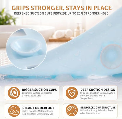 Yimobra Bathtub Mat Non Slip, Super Strong Suction Cups, 28"X16" Long Shower Mat with Drain Holes, Machine Washable Fast Draining Bath Mats, Bathroom Essentials, Light Blue