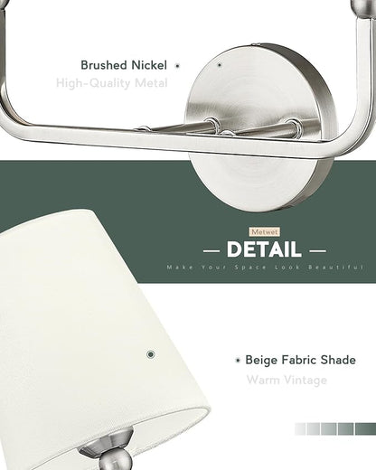 2-Light Bathroom Light Fixtures, Brushed Nickel Vanity Lights, Double Wall Sconce with Beige Fabric Shade, Modern Sconces Wall Lighting for Hallway Bedroom Stairway, VL837-BN-B-2