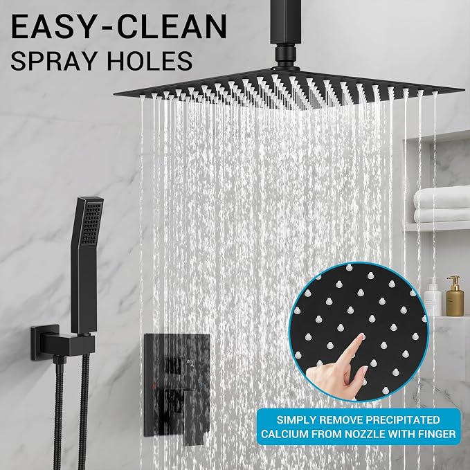 10" Square Ceiling Rain Shower Faucet Set,Matte Black | Anti-scald cartridge, air tech boosts pressure 30%, dual spray, NPT 1/2