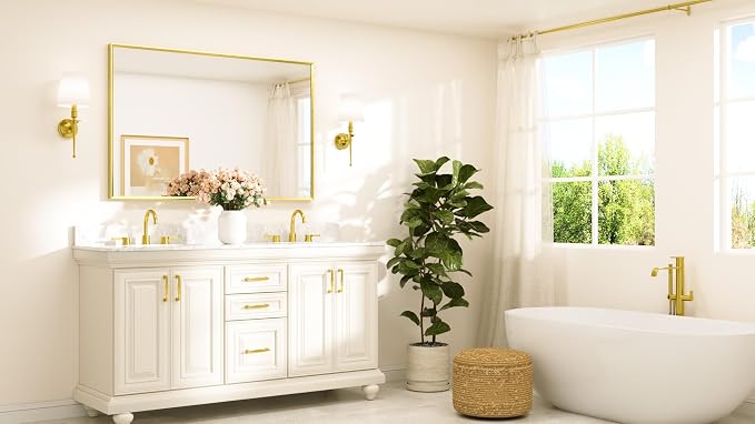 Brushed Gold Bathroom Mirror for Over Sink 55" x 36" Large Brass Gold Beveled Framed Rectangular Vanity Mirror for Bathroom, Bedroom, Entryway, Living Room, Tempered Glass, Stronger Frame
