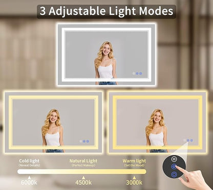 36"x48" LED Bathroom Mirror with Lights, Anti-Fog, Backlit + Front Lit, Shatter-Proof Tempered Glass