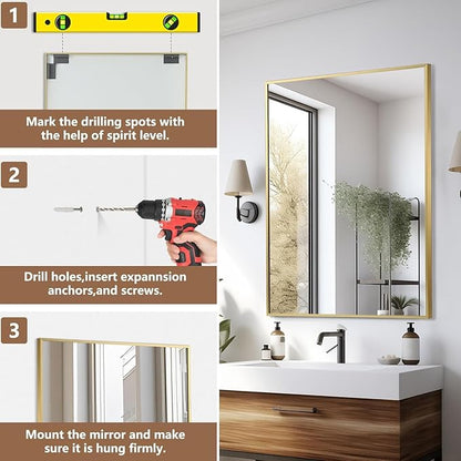 Gold Bathroom Mirror, 40"x30" Rectangle Mirror, Brushed Gold Mirror, Metal Frame Square Corner Vanity Mirror, Wall Mounted Mirror for Modern, Living Room, Bedroom, Horizontal Or Vertical