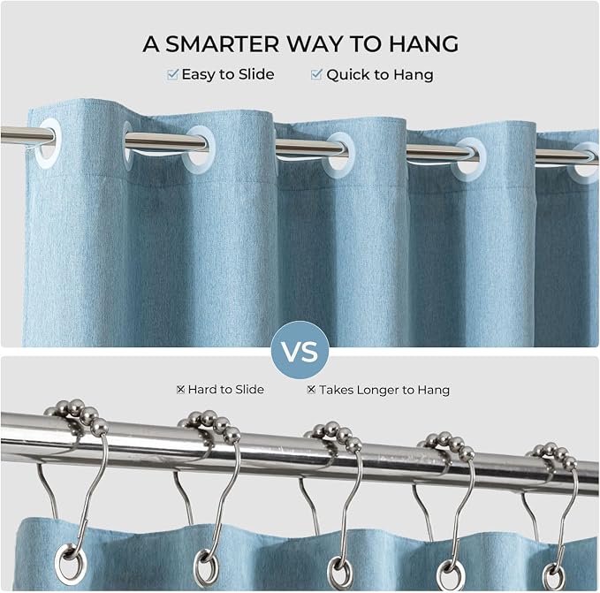 River Dream Linen Textured No Hooks Shower Curtain with Liner,Blue,71x74 | with Snap-in Liner,Heavy Duty Fabric,Quick Dry,Bottom Magnets,Water-Repellent,Washable,Farmhouse Bathroom Set