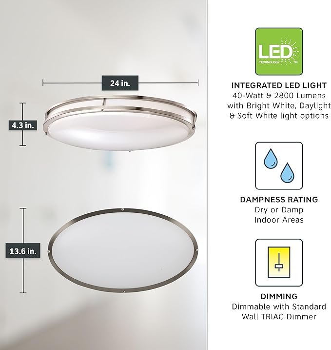 Designers Fountain Flush Mount Ceiling Light, 24 Inch Oval LED Lighting Fixture Kitchen, Bedroom, Bathroom, and Hallway, Dimmable, 2800 Lumens, 3000K/4000K/5000K, Brushed Nickel, EV1424C3C-35