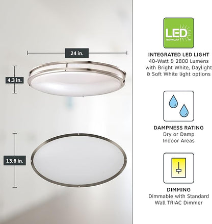 Designers Fountain Flush Mount Ceiling Light, 24 Inch Oval LED Lighting Fixture Kitchen, Bedroom, Bathroom, and Hallway, Dimmable, 2800 Lumens, 3000K/4000K/5000K, Brushed Nickel, EV1424C3C-35