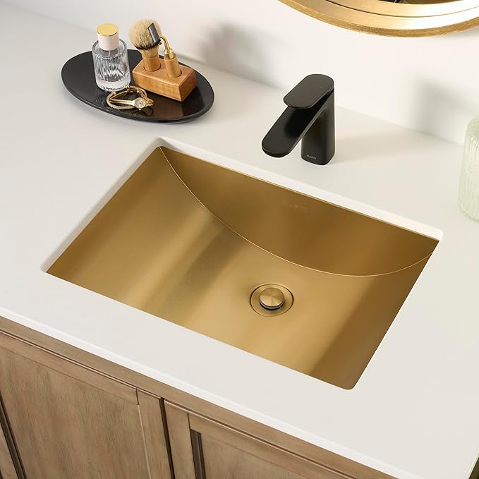 Ruvati 18 x 12 inch Satin Gold Brass Tone Undermount Bathroom Sink - 16 GAUGE Stainless Steel Kitchen Sink - SOUND-PROOF - RVH6110GG