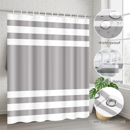 Bathroom Sets with Shower Curtain and Rugs, 4 Pcs, Modern | Minimalist Striped Grey Neutral Bathroom Decor Set with Toilet Lid Cover, Non-Slip Bath Mats and Accessories 12 Hooks