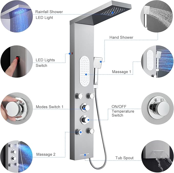 MENATT Luxury Shower Tower System with LED Shower Head, 5 Functions Shower Panel Tower System with 4 pcs Body Massage Jets,Body Waterfall Spray, Handheld Shower and Tub Spout, Brushed Finish