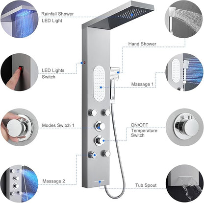 MENATT Luxury Shower Tower System with LED Shower Head, 5 Functions Shower Panel Tower System with 4 pcs Body Massage Jets,Body Waterfall Spray, Handheld Shower and Tub Spout, Brushed Finish