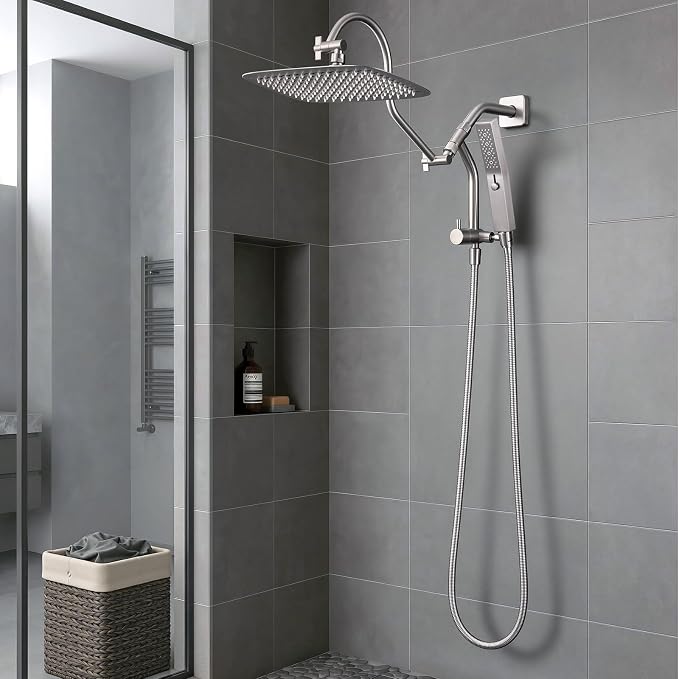 G-Promise Metal Shower Diverter with Low Handheld Holder (Brushed Nickel) | 6 Inch Downward-Extend Bracket for All Heights, 4 Spray Modes with Pause Mode, Anti-Leak, Easy Install, Universal Replacement