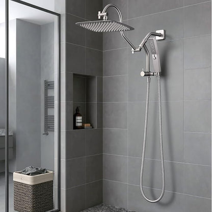 G-Promise Metal Shower Diverter with Low Handheld Holder (Brushed Nickel) | 6 Inch Downward-Extend Bracket for All Heights, 4 Spray Modes with Pause Mode, Anti-Leak, Easy Install, Universal Replacement