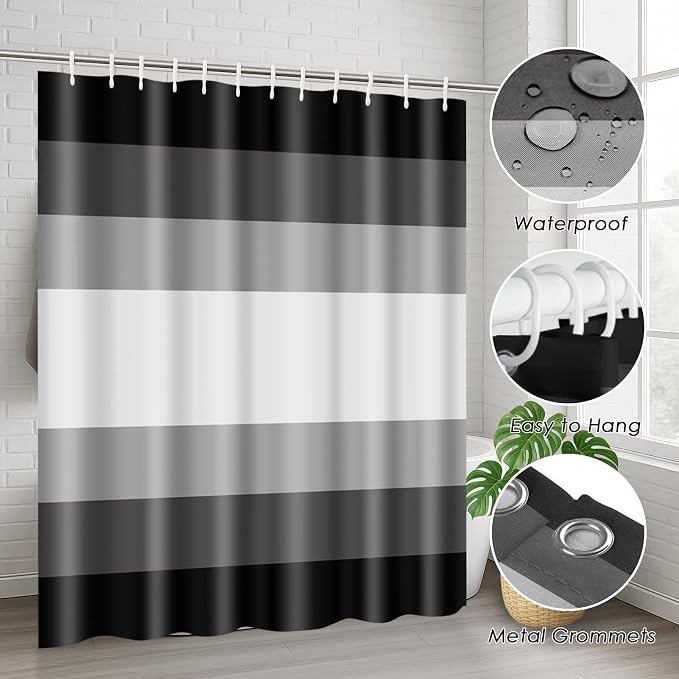 Bathroom Sets with Shower Curtain and Rugs 4 Pcs, Abstract Striped | Modern Ombre Lines Bathroom Decor Set with Toilet Lid Cover, Non-Slip Bath Mats and Accessories 12 Hooks