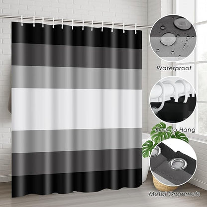 Bathroom Sets with Shower Curtain and Rugs 4 Pcs, Abstract Striped | Modern Ombre Lines Bathroom Decor Set with Toilet Lid Cover, Non-Slip Bath Mats and Accessories 12 Hooks